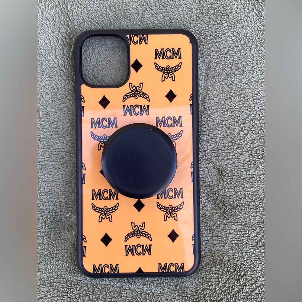 MCM Orange Logo Phone Case with Black Pop Socket 11 Pro Max Holder